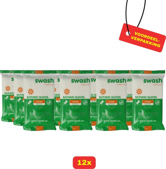 12 verpakkingen Swash badhandjes, geperforeerd, oranje, met voordeel-verpakking logo.
