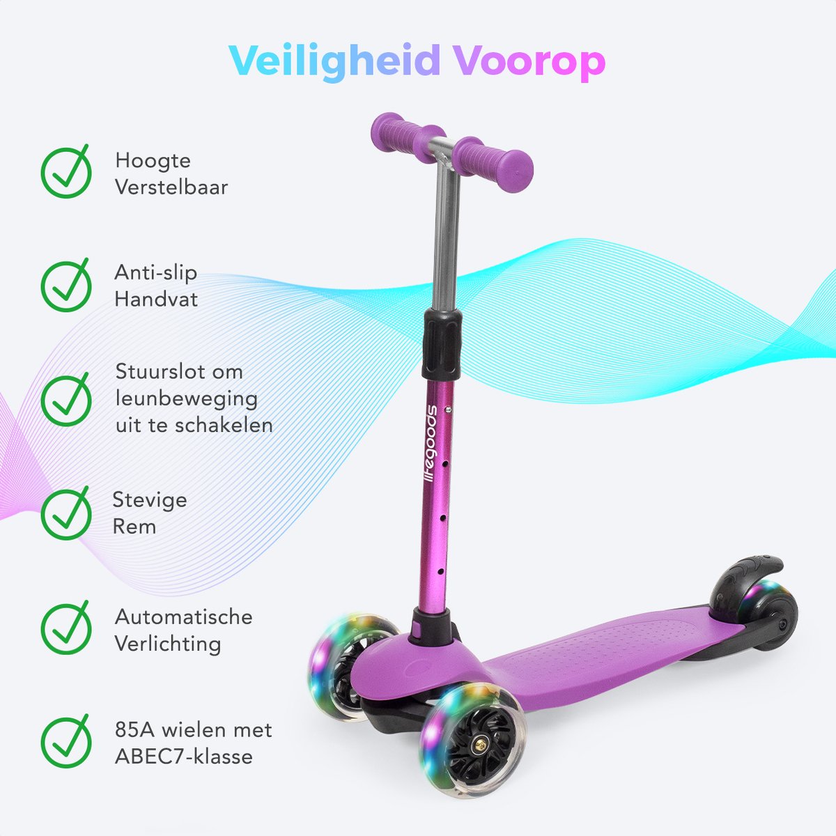 LifeGoods Kinderstep - Step 2-5 Jaar - 3 Lichtgevende LED Wielen - Hoogte Verstelbaar - Jongens/Meisjes - Paars — afbeelding 2