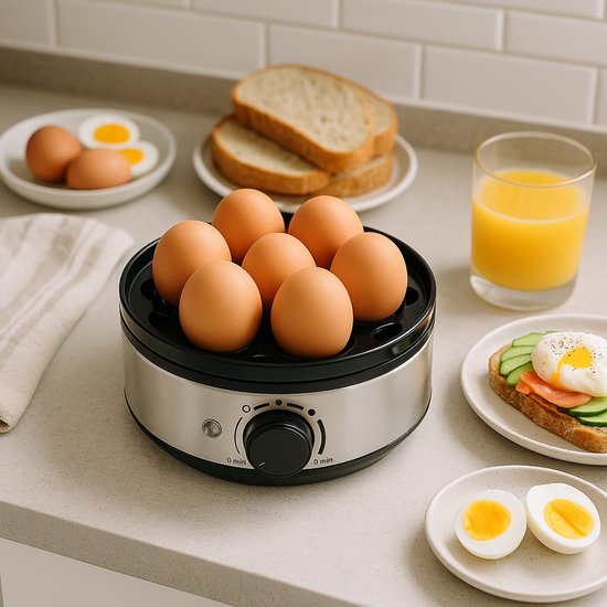 Zilverkleurige eierkoker met zes bruine eieren, naast toast, sap en gekookte eieren.