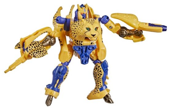 Gele Cheetor speelgoedfiguur met zwarte vlekken, blauwe accenten, in robotmodus.