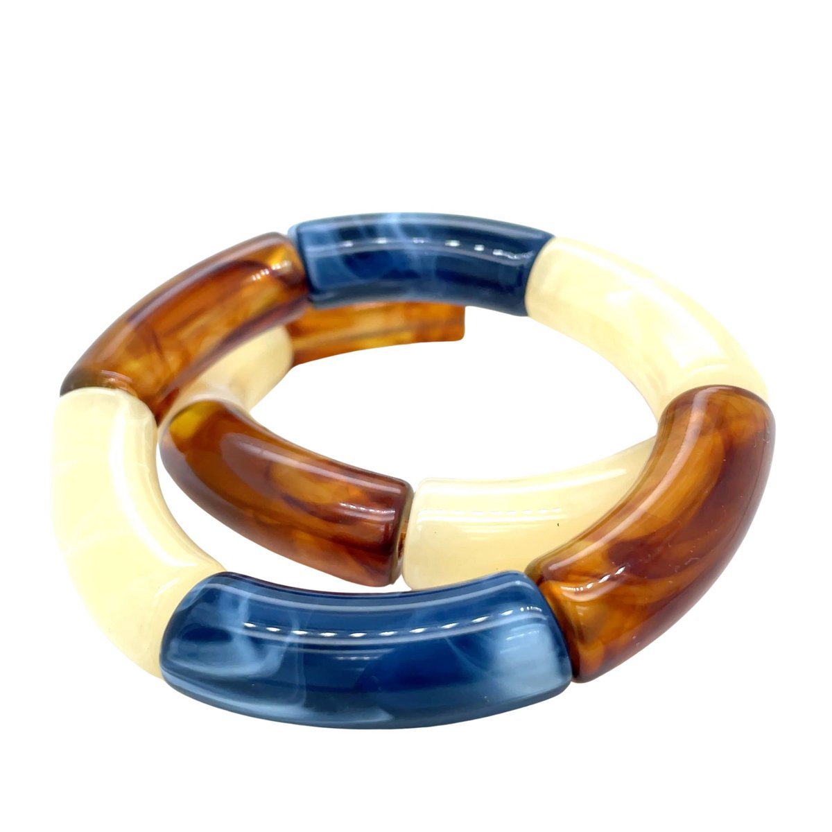 Pat's Jewels Armbanden - Armband Elastiek - Tube Kralen - Resin - Blauw - Bruin - Beige - Set 2 stuks