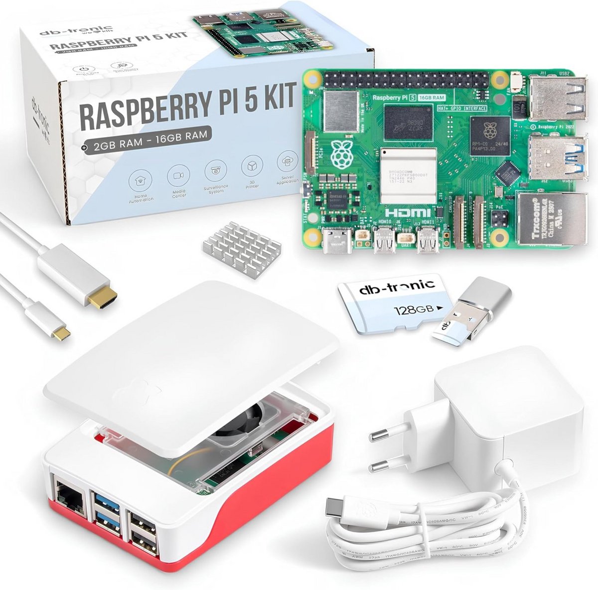 Raspberry Pi 5 16GB starterskit | 128 GB-editie | Officiële 27 W-voeding | Officiële behuizing met ventilator | 4K Micro HDMI-kabel 1 m | Aluminium koellichaam
