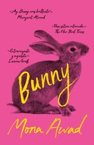 Boek met de titel "Bunny" van Mona Awad, met een roze achtergrond en een konijn met de tekst "Bunny" in het geel.