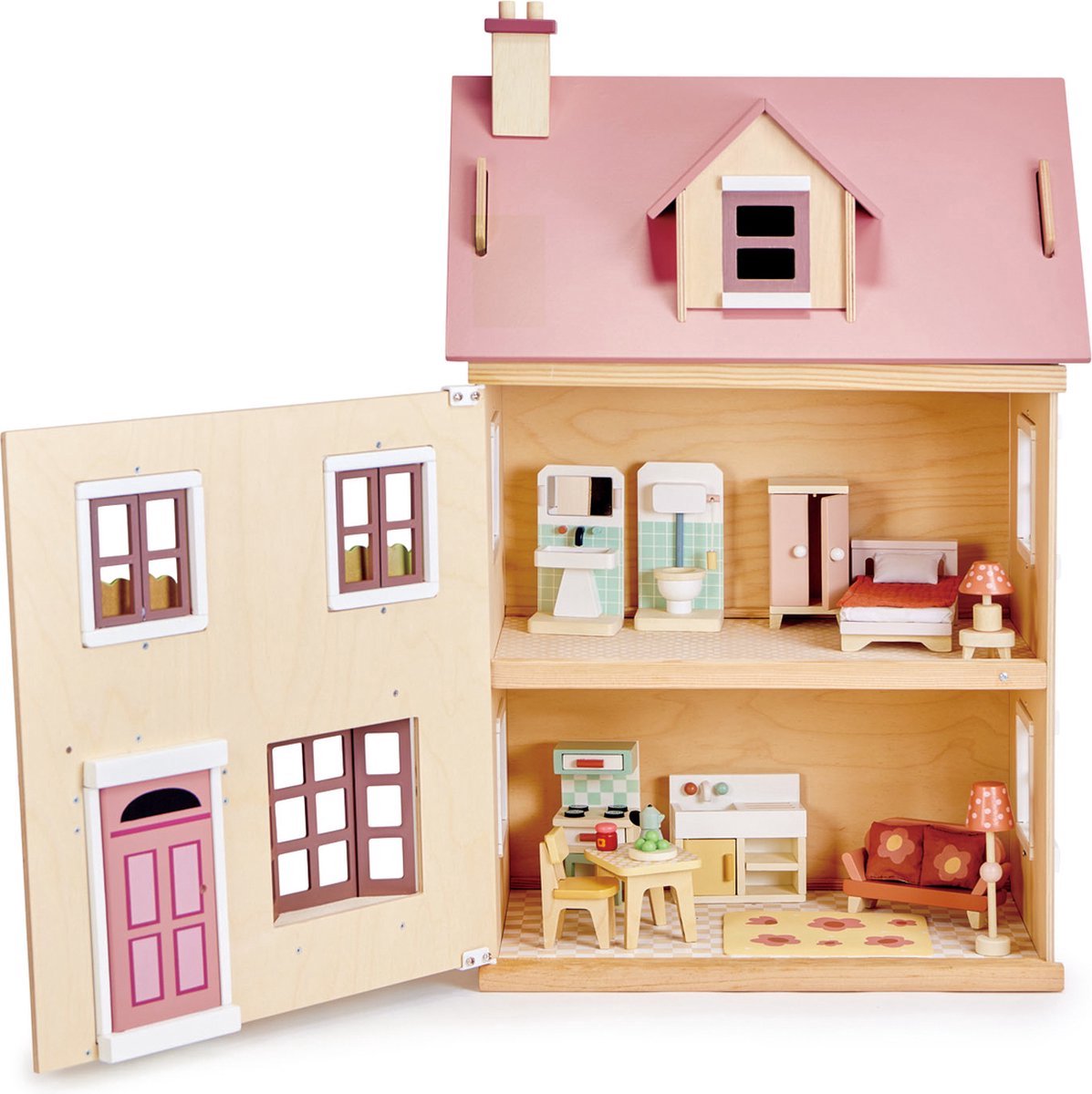 [A] Tender Leaf uniek houten poppenhuis Villa Foxtail XXL 3 verdiepingen inclusief houten poppen familie en meubelset - 40 x 72 x 90 cm