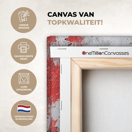 Detail van een canvasprint met de tekst 'CANVAS VAN TOPKWALITEIT!' en iconen voor unieke designs, haarscherpe print, luxe afwerking en geproduceerd in Nederland.