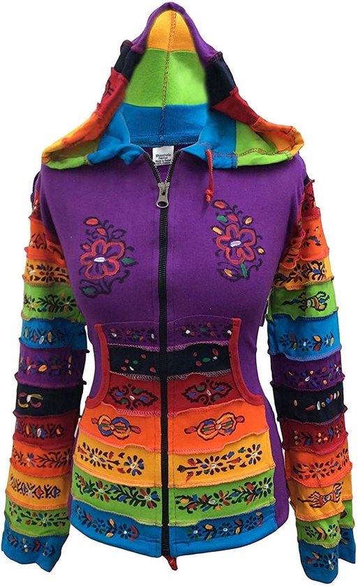 Shopoholic Mode Dames Patchwork Pixie Capuchon Regenboog Patroon Jas, Hippy, rood, XXL