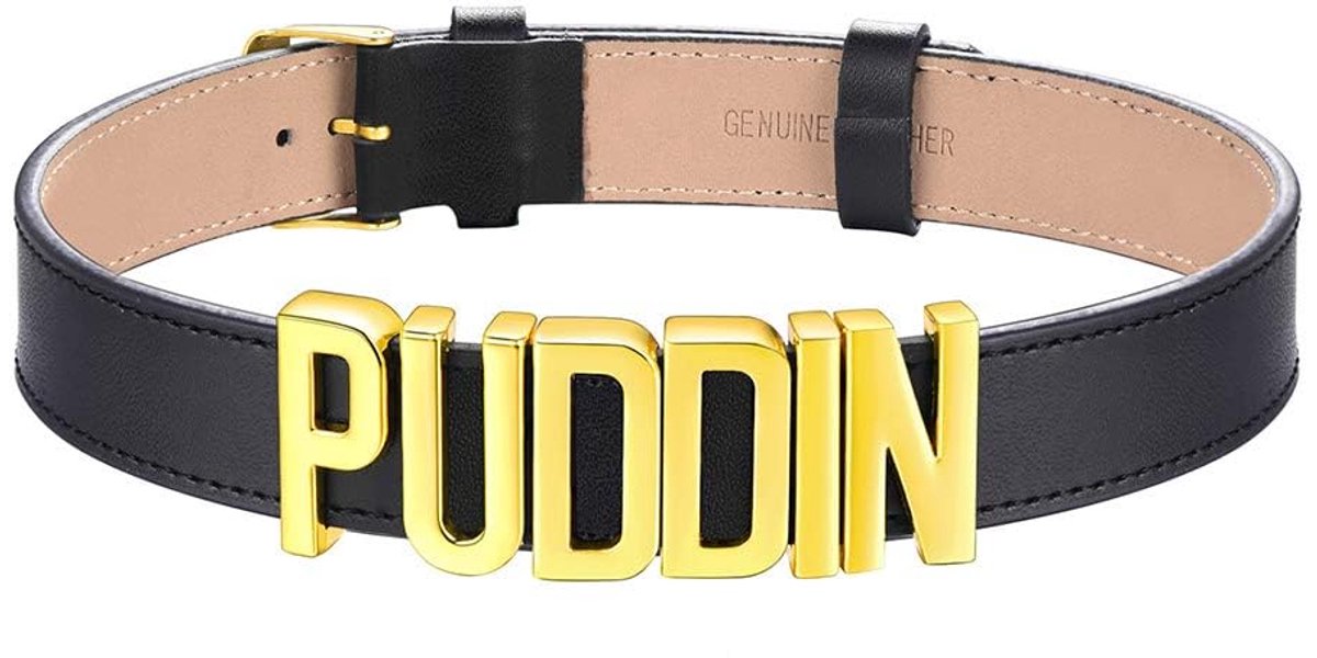 JEWELRY Personalized Name Leather Choker for Women, Puddin Necklace, Punk, Rock, Gothic, Custom Letters, Black Collar, Necklaces, Cosplay Jewelry, Leather Zinc Leather Zinc 18K Gold Plated,