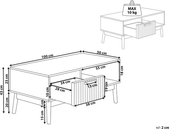 Technische tekening van een houten salontafel met afmetingen: 100x50x43cm.