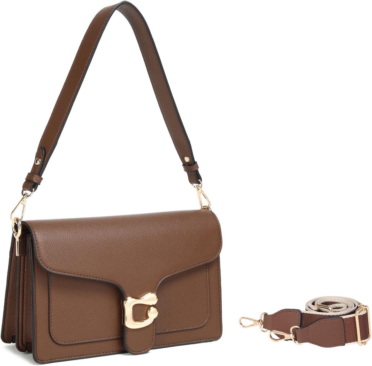 Handtas voor dames, kleine schoudertas PU-leer crossbody tas met 2 afneembare riemen en creditcardvakjes, bruin 26x14x9.5 cm