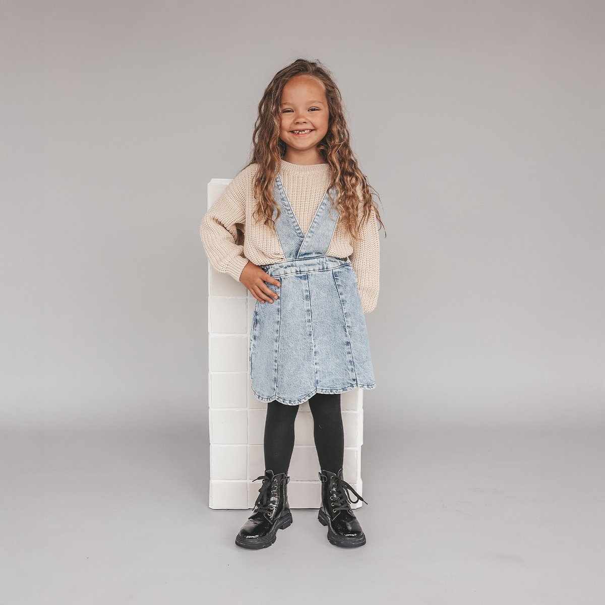 Your Wishes Stretch Denim Scallop Salopette Dress sky blue blauw 110