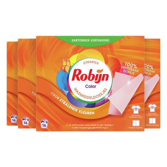 Robijn Classics Color Wasmiddeldoekjes - 4 x 16 wasstrips - Voordeelverpakking