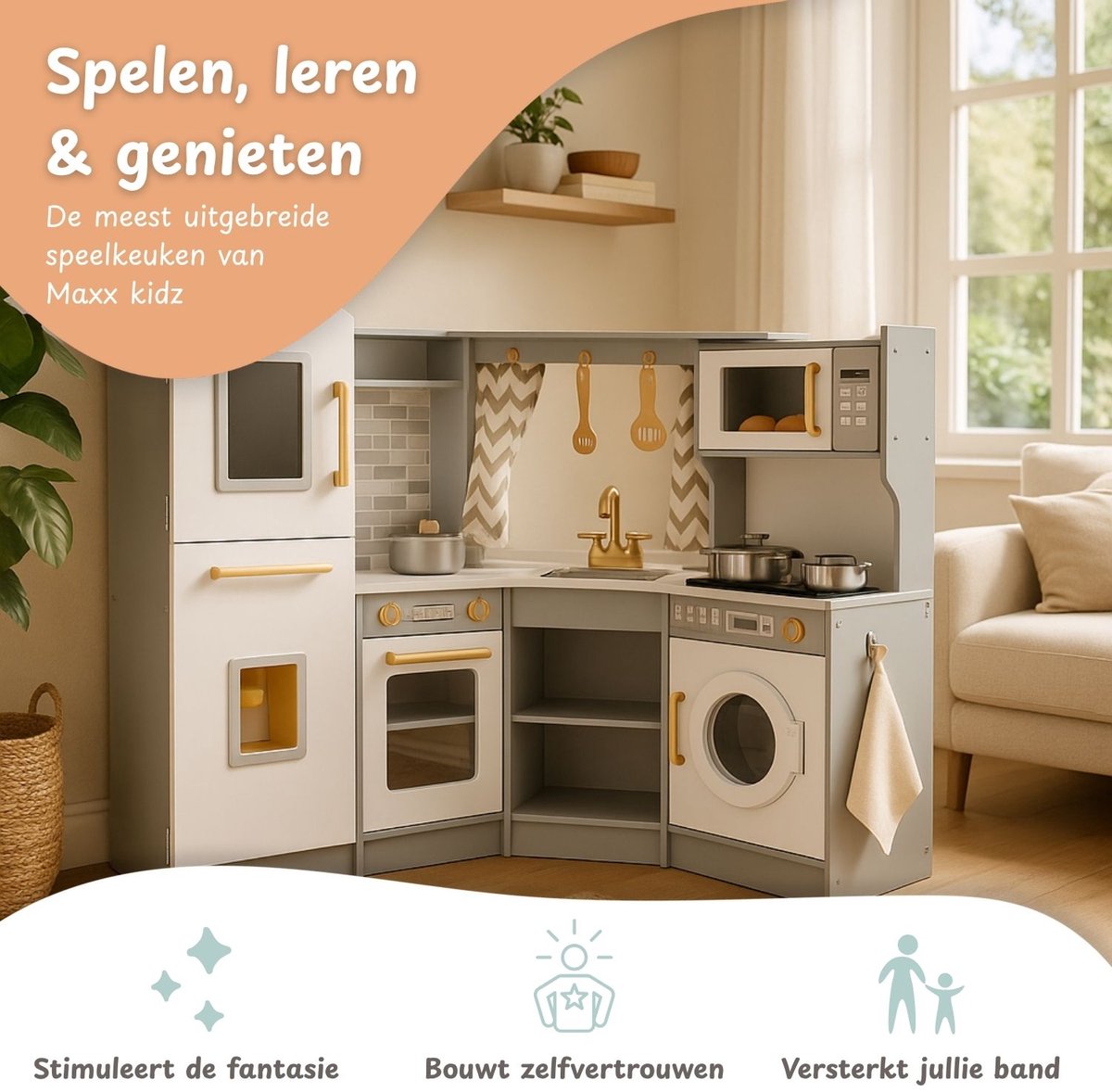 Maxx kidz - Houten Speelgoed Keuken Met Hoek - Complete Speelkeuken - Grijs Keukentje - Stevige Kinderkeuken met Accessoires - Speelgoedkeuken met Licht, Geluid en Pannetjes — afbeelding 3
