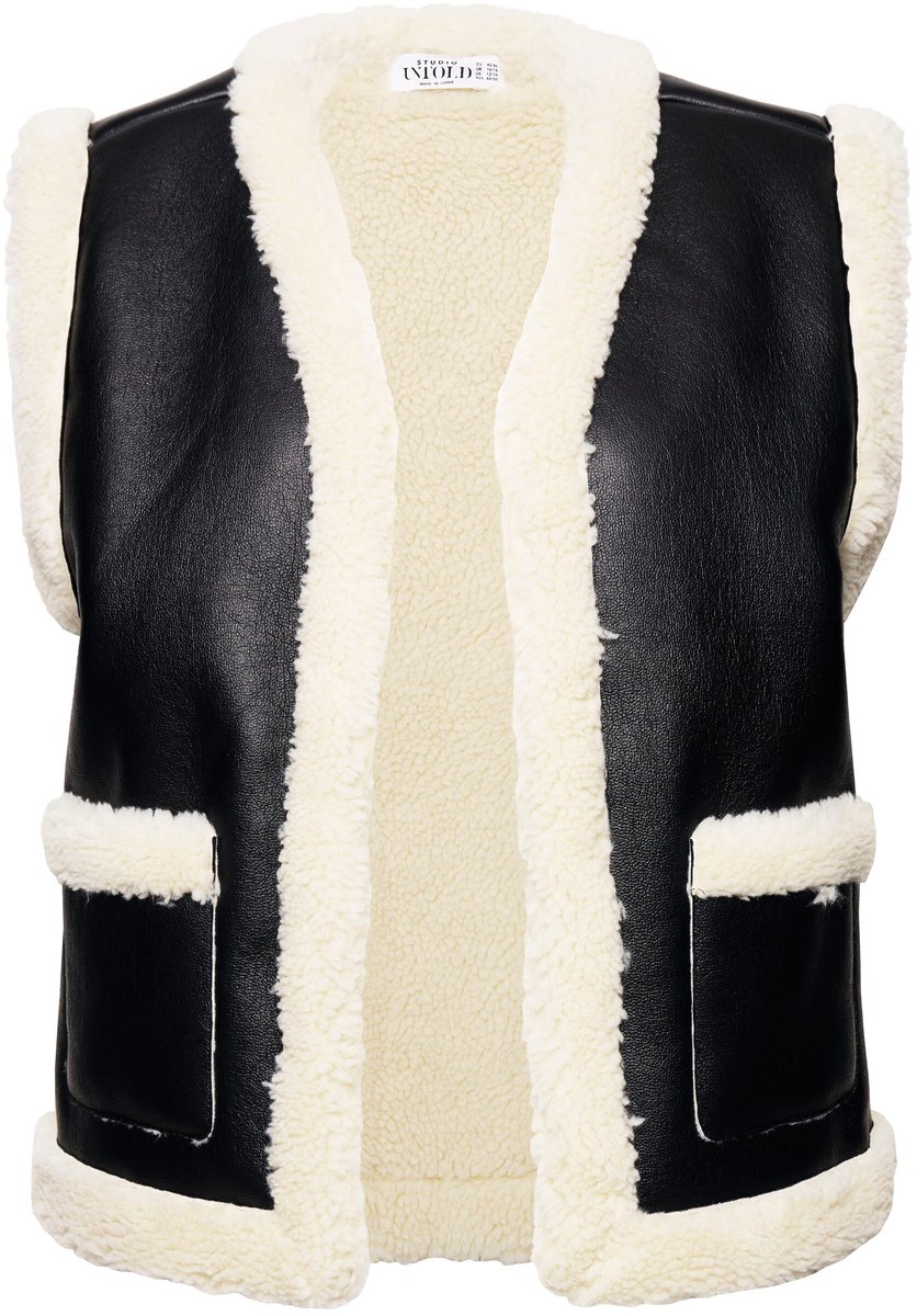 Studio Untold - Dames - Vest korte A-lijn bontlook met imitatieleer - Zwart - Maat 54+