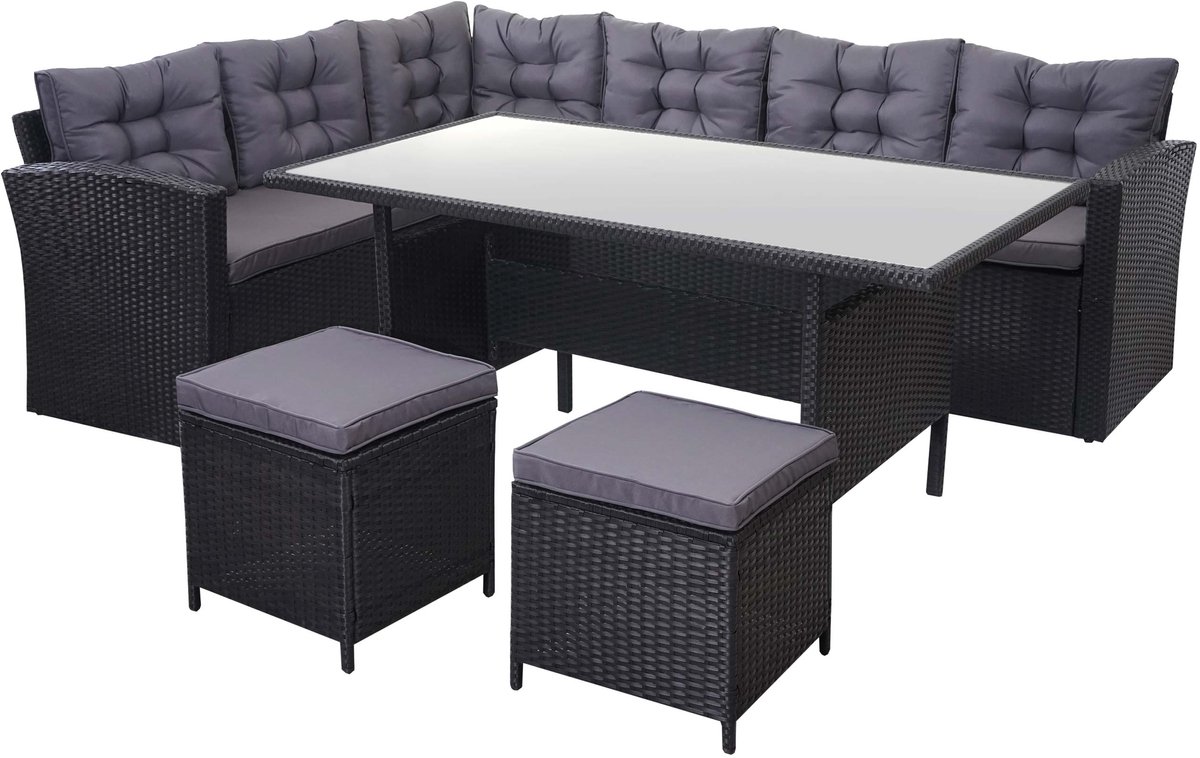 Polyrotan-set MCW-A29, tuinset zitgroep lounge-eettafelset, zwart ~ kussens donkergrijs, met 2x voetenbank