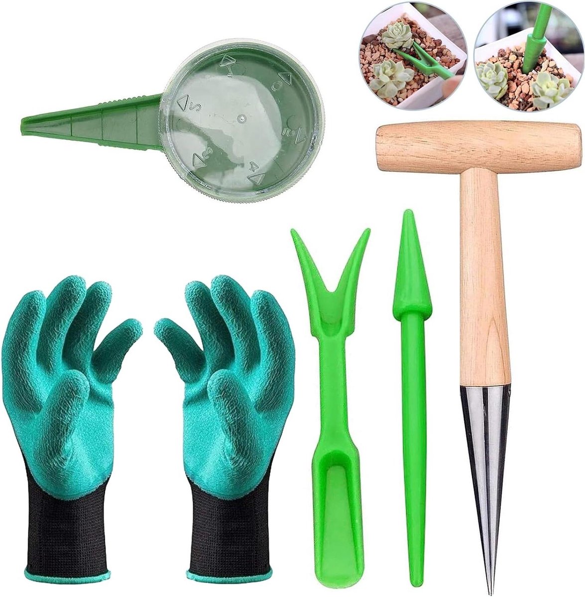Allecto plus - Planthout 5-delige set piqueerstaven en tuinwerkgereedschap met zaaimachine, plantenbak en handschoenen voor planten en bloembollen.