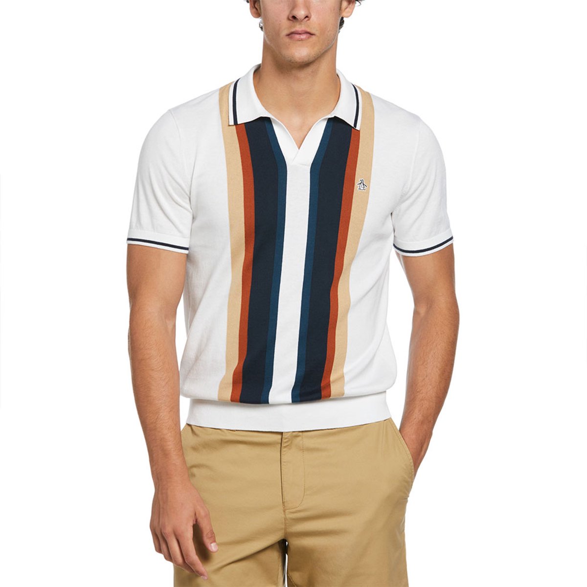 Original Penguin Cotton Vert Stripe Johnny Collar Korte Mouw Poloshirt Wit M Man