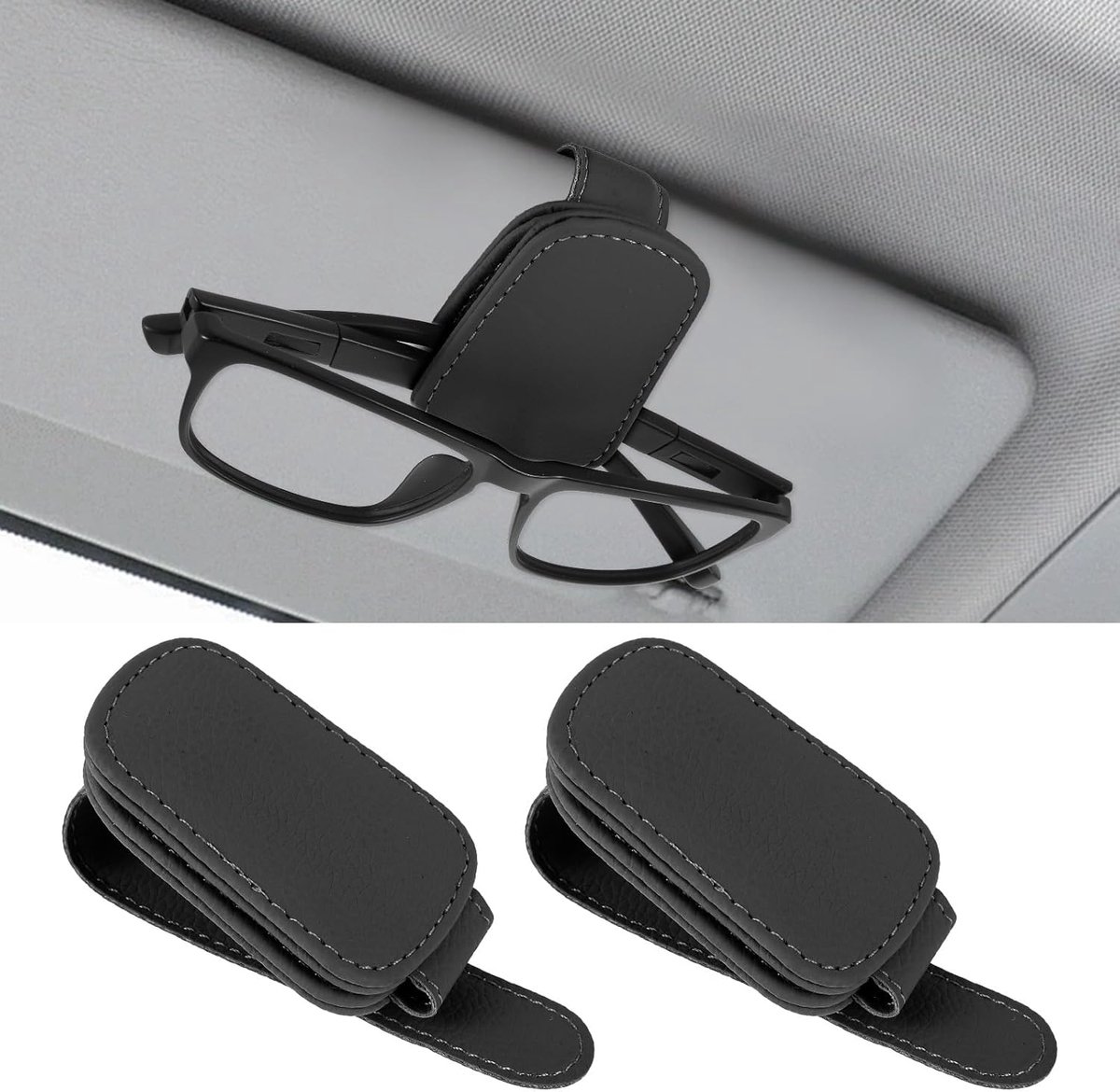 Image of 2 Stuks Zonnebrilhouder voor Auto - Magnetische Autobrilhouder - Zonnebrilhouders voor Auto's - Zonneklep - Lederen Zonnebrillenhouders - Auto-Interieuraccessoires voor Brillen met Verschillende Stijlen