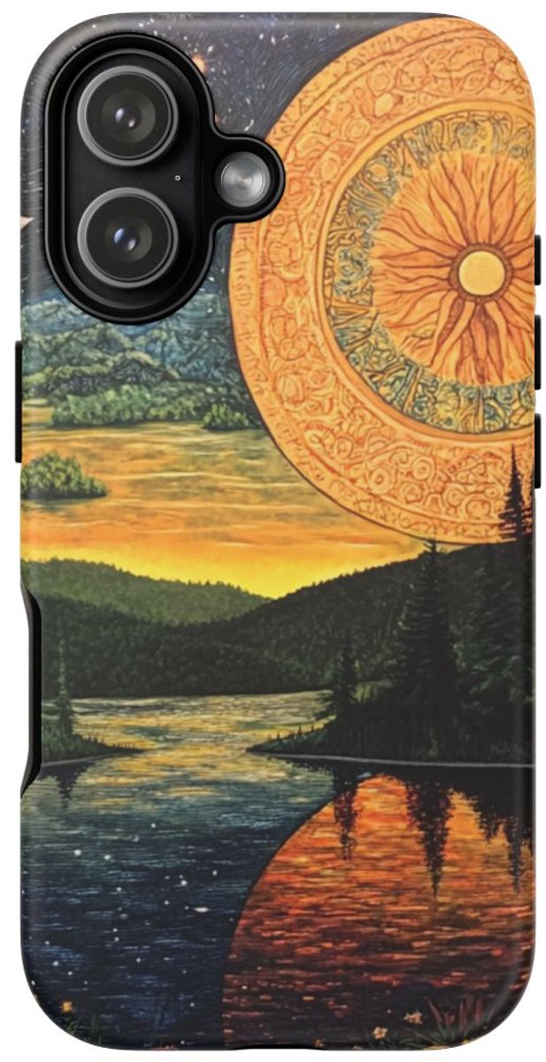 Zon en Maan boven Rivierlandschap – Telefoonhoesje Geschikt voor iPhone 17