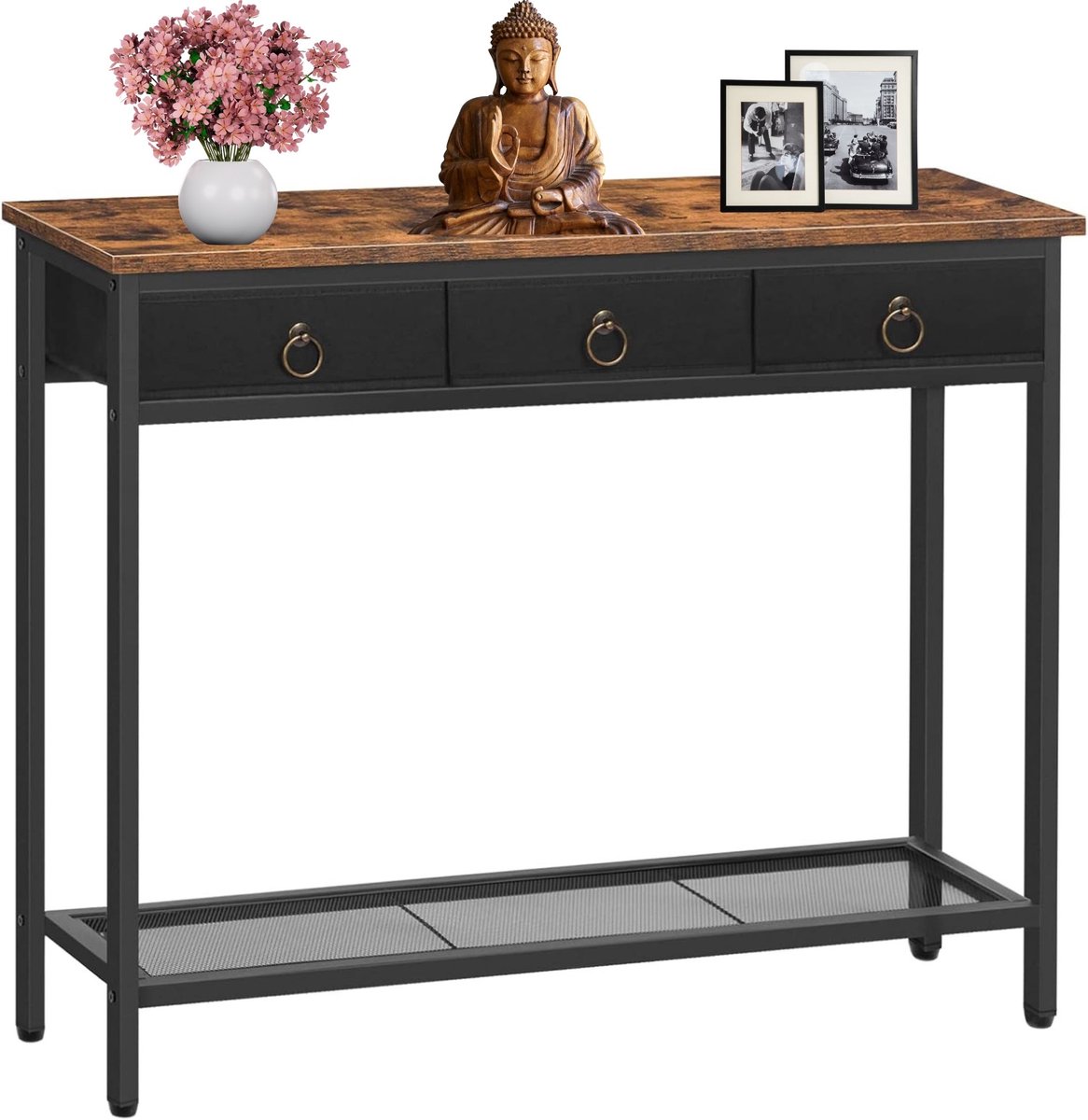 Signature Home Mumbai Consoletafel - Console tafel haltafel - slanke bijzettafel met 3 lades van vliesstof - Wandtafel metalen frame - industrieel - bruin Zwart - 25x 100x 80 cm