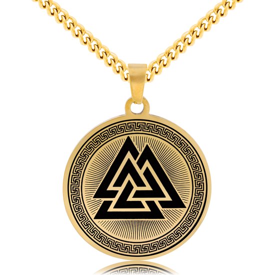 Gouden ketting met een rond, plat hangertje met het zwarte Valknut symbool en een Griekse sleutel rand.