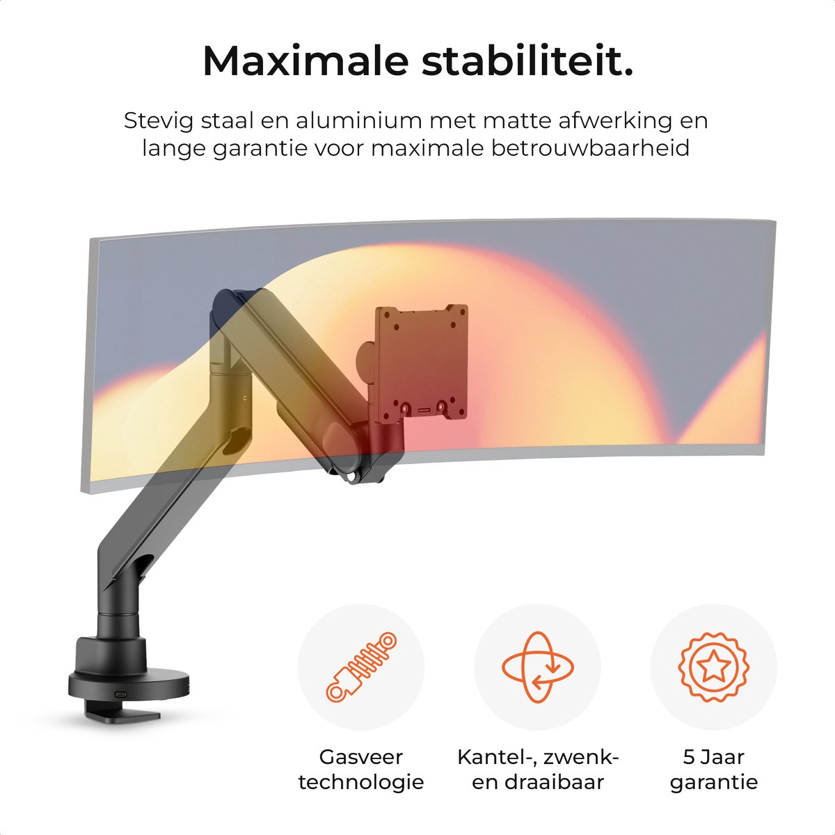monTEK Slanke Aluminium monitorarm voor 17-57 inch Ultrabrede Schermen tot 27KG, USB 3.0 A/C, Heavy-duty Enkele Monitorarm Bureaubevestiging, Pneumatische Lift, Snelkoppelingsplaat, Klem, Wit