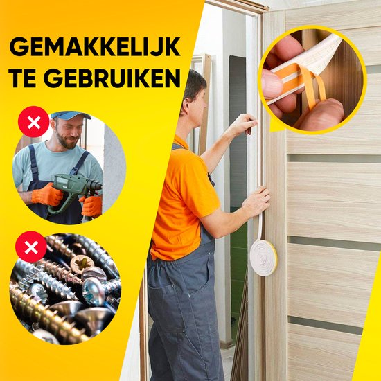 Man plakt tochtband op deurkozijn. Vergelijking met boren en schroeven.