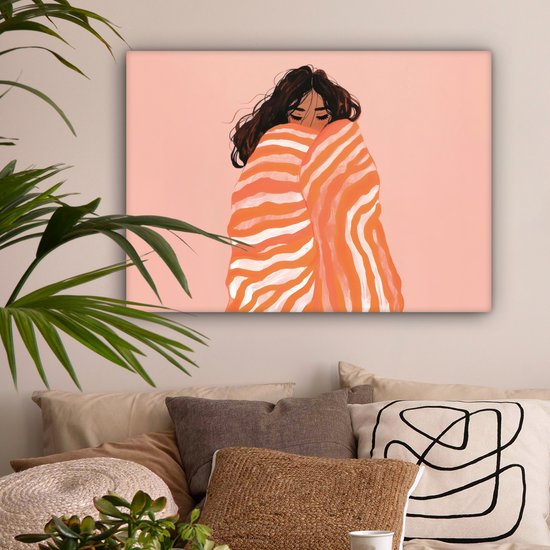 Canvas schilderij 80x60 cm - Exclusieve wanddecoratie Meisje - Deken - Gestreept - Oranje - Muurdecoratie woonkamer - Slaapkamer decoratie - Kamer accessoires - Schilderijen op canvas