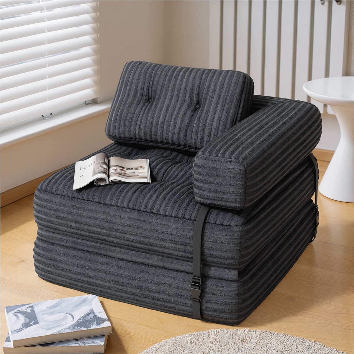 Bealife AR34 Slaapbank - 3-in-1 Opvouwbaar - Enkel - Corduroy - Verbeterde Armleuningen - Donkergrijs