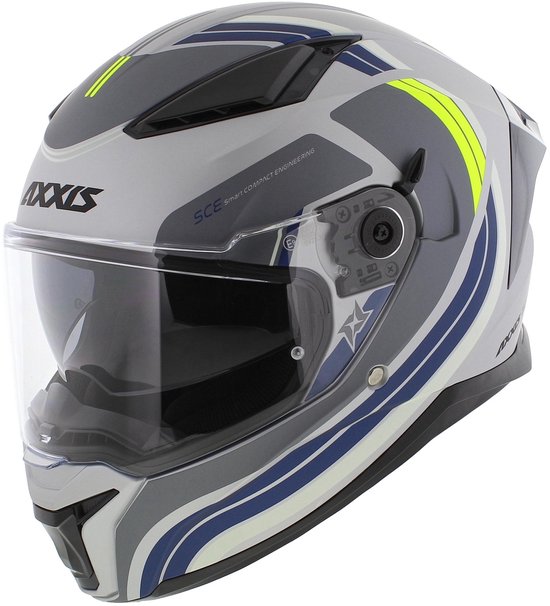 Grijze motorhelm met blauwe en gele strepen, AXXIS logo, SCE Smart Compact Engineering tekst en vizier.