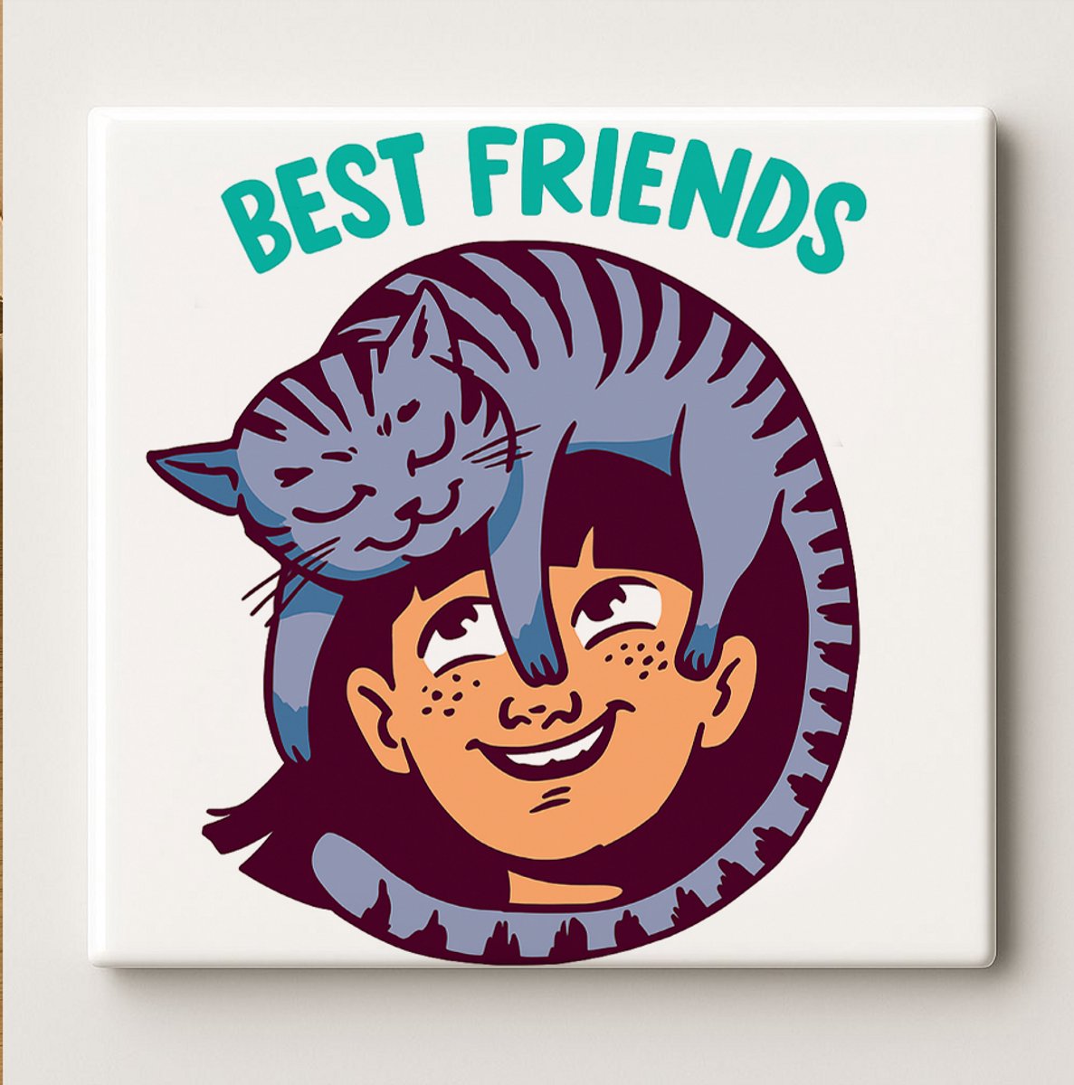 Keramische Kunsttegel 15x15cm – “Best Friends” Meisje en Kat Ontwerp – Schattig Cadeau voor Dierenliefhebbers & Woondecoratie