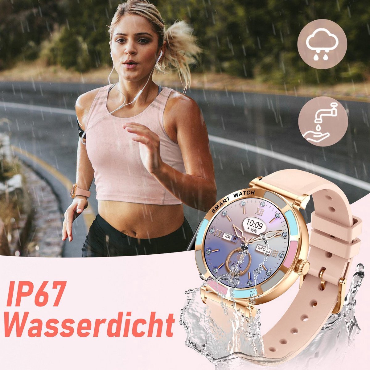 Afbeelding 2 van Smartwatch Dames Roze IP67 Waterdicht met Hartslagmeter