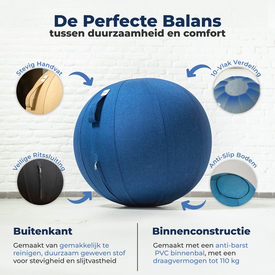 Backerz Zitbal 75 CM - Zitballen met Hoes Linnen - Ergonomische Bureaustoel Kantoor en Thuis - Luxe Yoga Bal - Donker Blauw