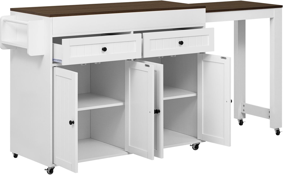 Merax Keukeneiland op Wielen - Uitklapbare Keuken Trolley met Werkblad en Schuiven - Mobiel Keukenkastje met Opbergruimte - 112-180x45x92 cm - Wit + Notenhout