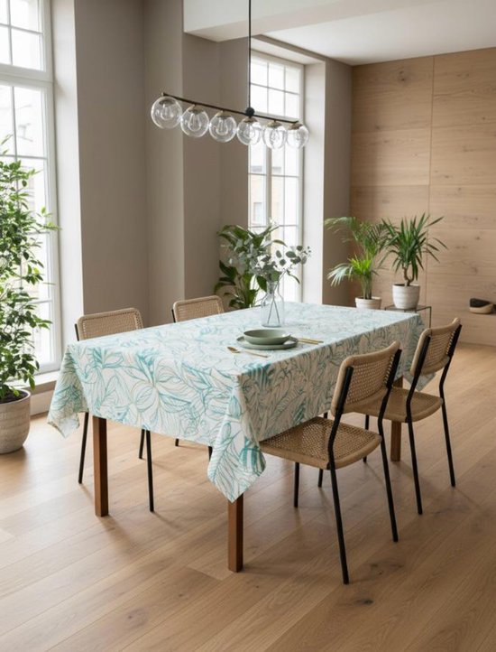 Nappe « Saint Tropez » – 140x300 cm – Imprimé Feuilles – 100% Katoen – Crème, Blauw & Vert – Intérieur & Extérieur