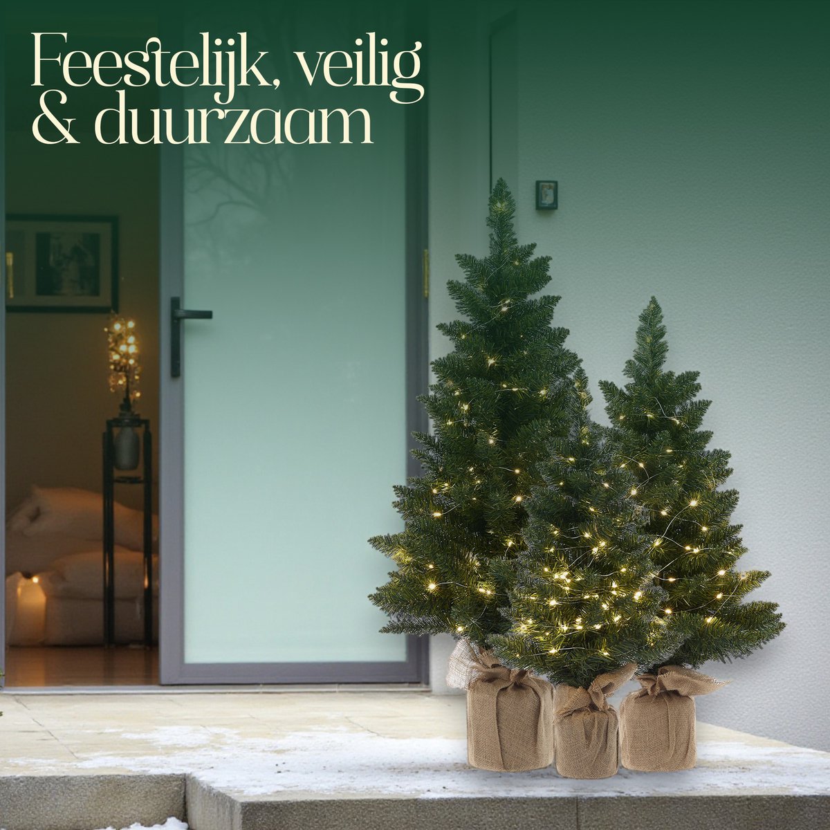 Meisterhome 3 delige Set Kunstkerstbomen met LED-verlichting - groen - Kerstboom – 3 stuks – Groen – 75/90/125 cm – Jute Voet – Brandwerend PVC – foto 5