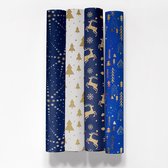 Inpakpapier kerst - Midnight Blue X-mas design - 4 rollen van 1,5m x 70cm - Blauw kerstcadeaupapier