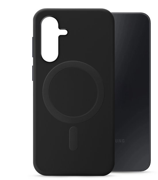 Coque MagSafe noire pour téléphone Samsung, avec anneau magnétique circulaire et grande découpe ouverte pour appareil photo.