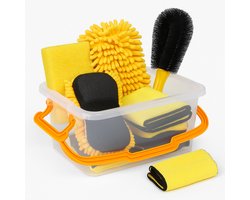 Cheqo® Auto Schoonmaakset - Car Cleaning Set - Velgenborstel - Schoonmaakdoeken - 2-In-1 Spons - Insectenspons - Auto Interieur Reiniging - Auto Exterieur Reiniging - Opbergbox Auto - Auto Poets Set - Auto Wassen - Auto Detailing