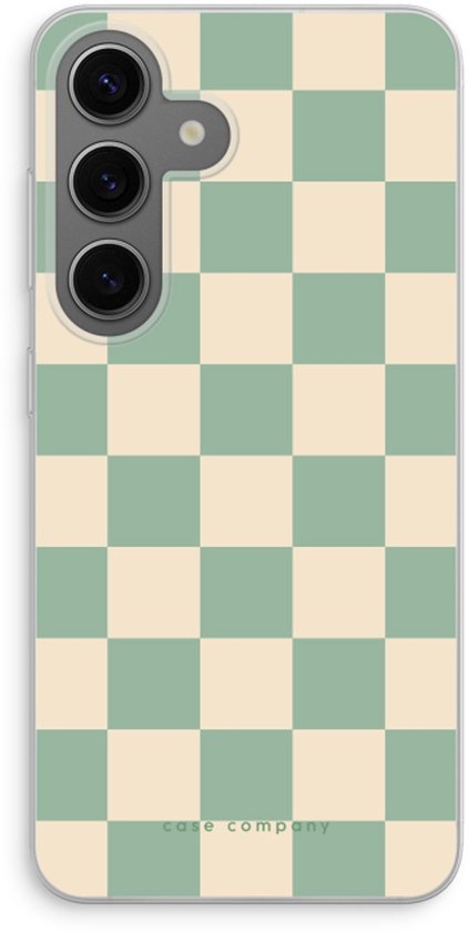 Telefoonhoesje met groen en beige dambordpatroon.