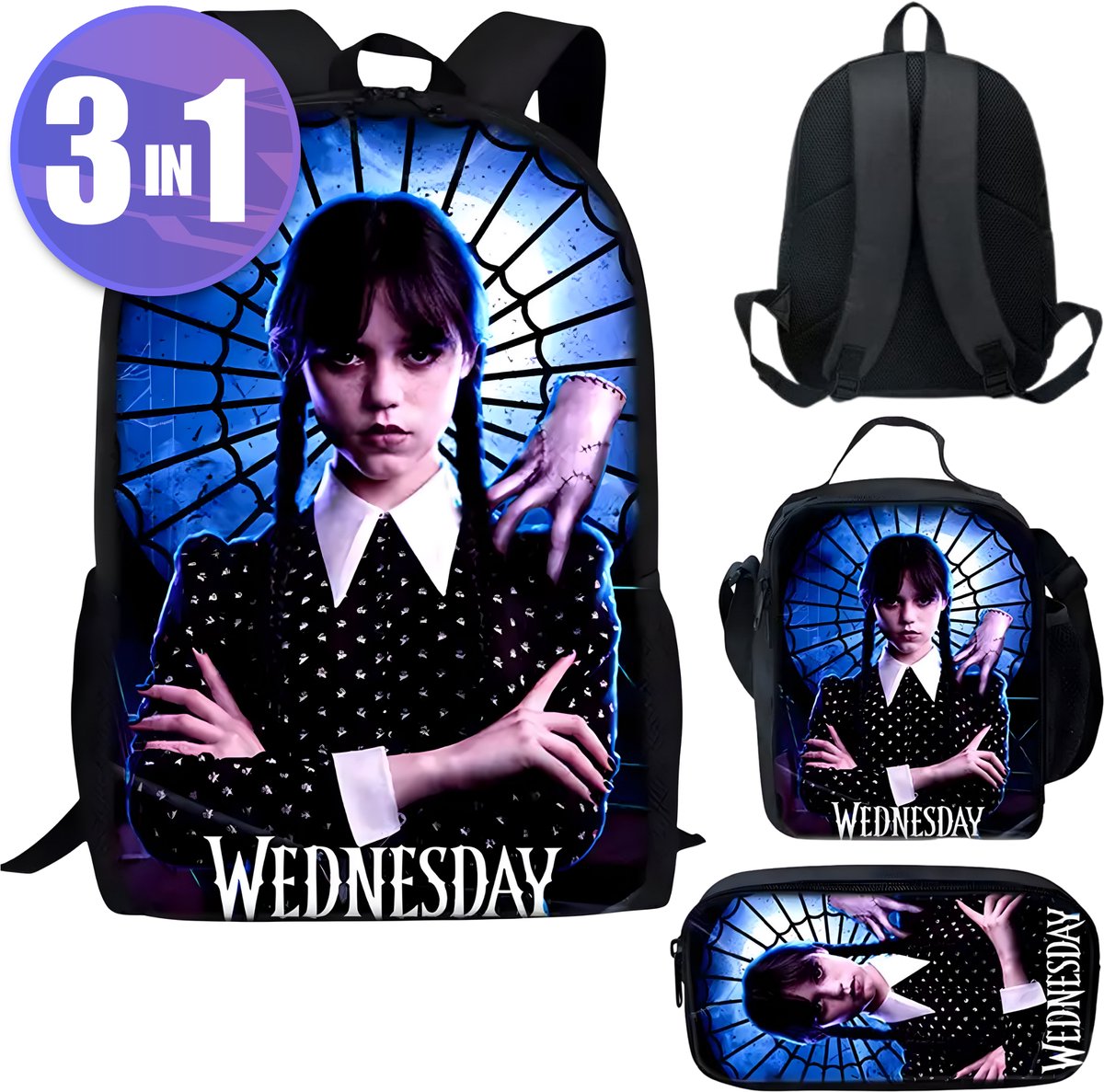 Wednesday Rugzak & Lunchtas Set – Schooltas voor Kinderen – Geïnspireerd op Wednesday Addams – Meisjes & Jongens