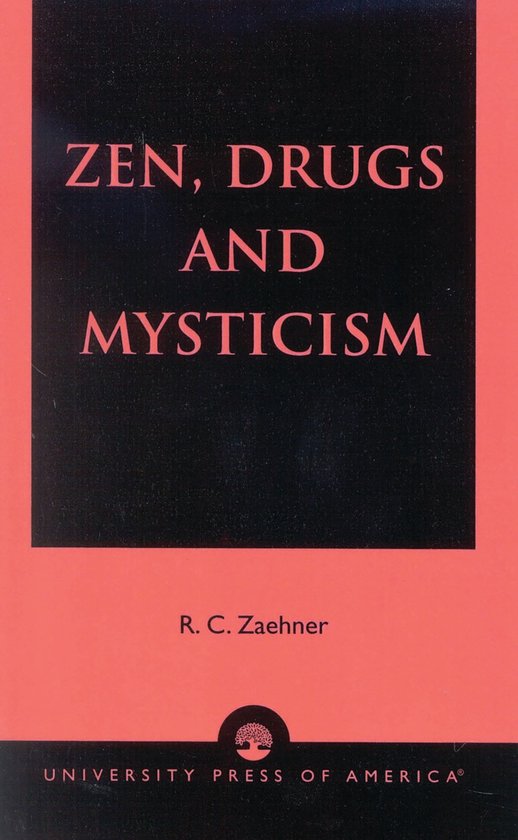 Boek 'Zen, Drugs and Mysticism' met rode omslag en zwarte tekst.