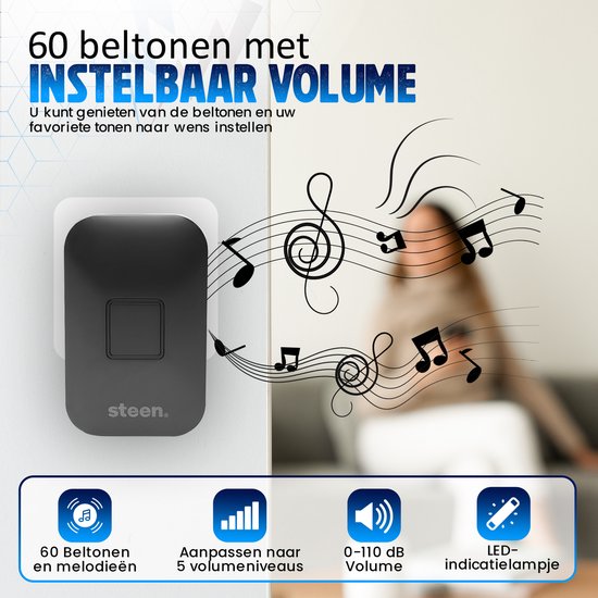 STEEN® Draadloze Deurbel Set - Deurbellen met 1 drukker en 1 Ontvanger - 5 Volume­standen (25–85 dB) - IP44 Waterdicht - Bereik 300m - Inclusief Batterij & Montage­materiaal - Plug & Play — afbeelding 3