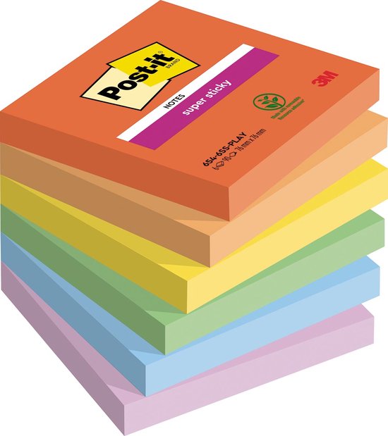 Post-it Super Sticky Notes Playful, 90 feuilles, pi 76 x 76 mm, couleurs assorties, paquet de 6 blocs