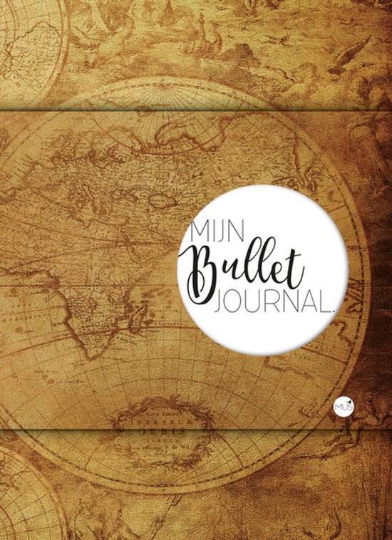 Bruine Bullet Journal met wereldkaart print. Tekst 'Mijn Bullet Journal'.