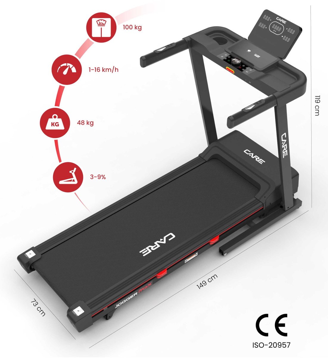 CARE JOGGER MAX - Connected en opvouwbare loopband - Maximale snelheid 16 km/u - 28 programma’s - Gemotoriseerde helling tot max. 9% - Voor thuisgebruik thumbnail 2