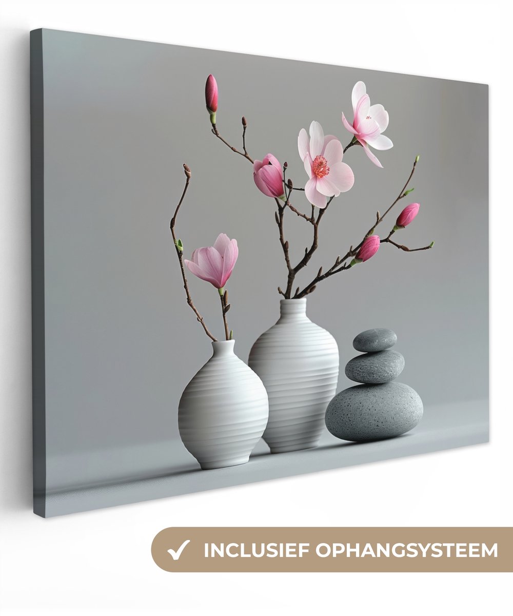 Canvas schilderij 80x60 cm - Wanddecoratie badkamer Magnolia - Bloemen - Roze - Zen stenen