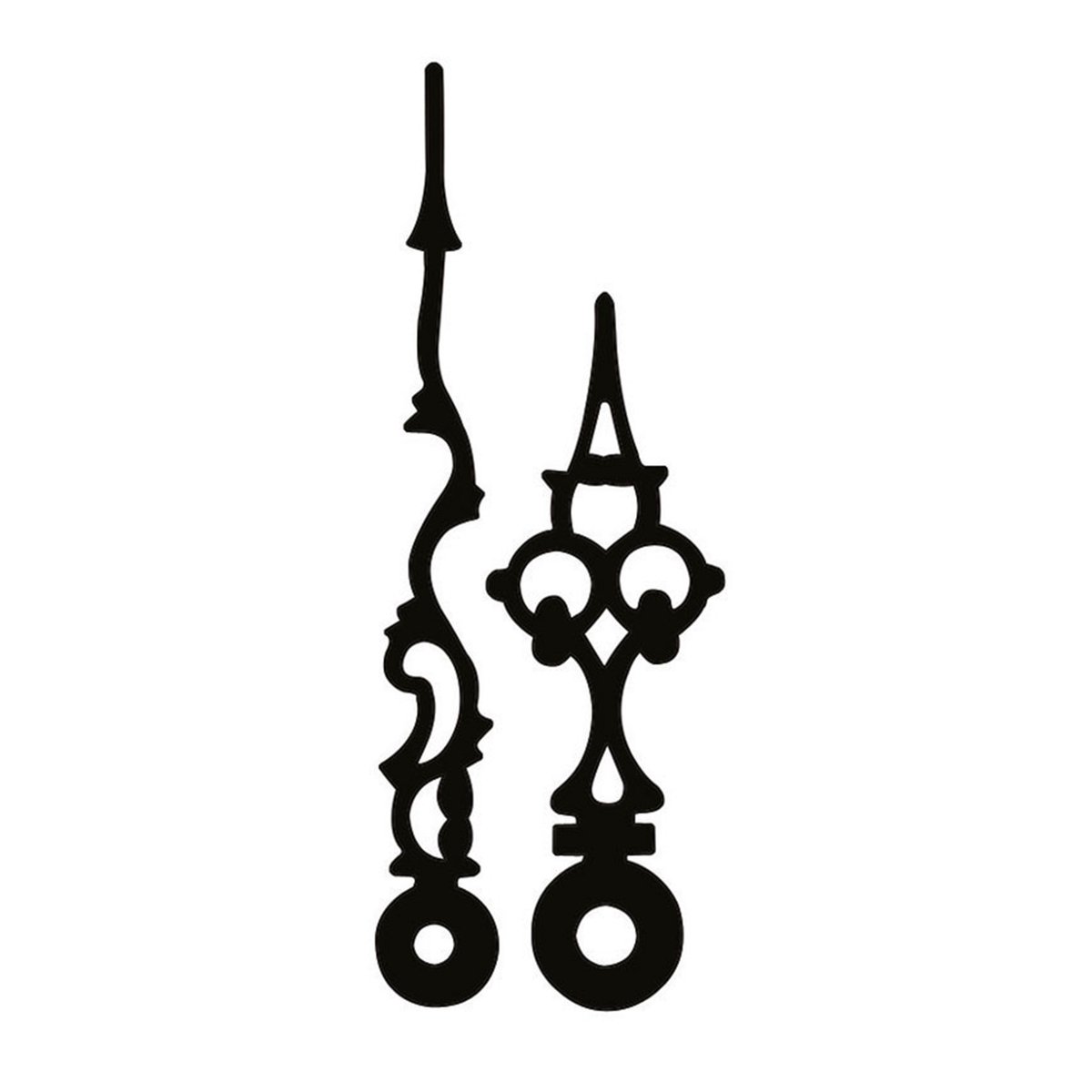 Paar antieke zwarte Euronorm minutenwijzers, lengte 121 mm