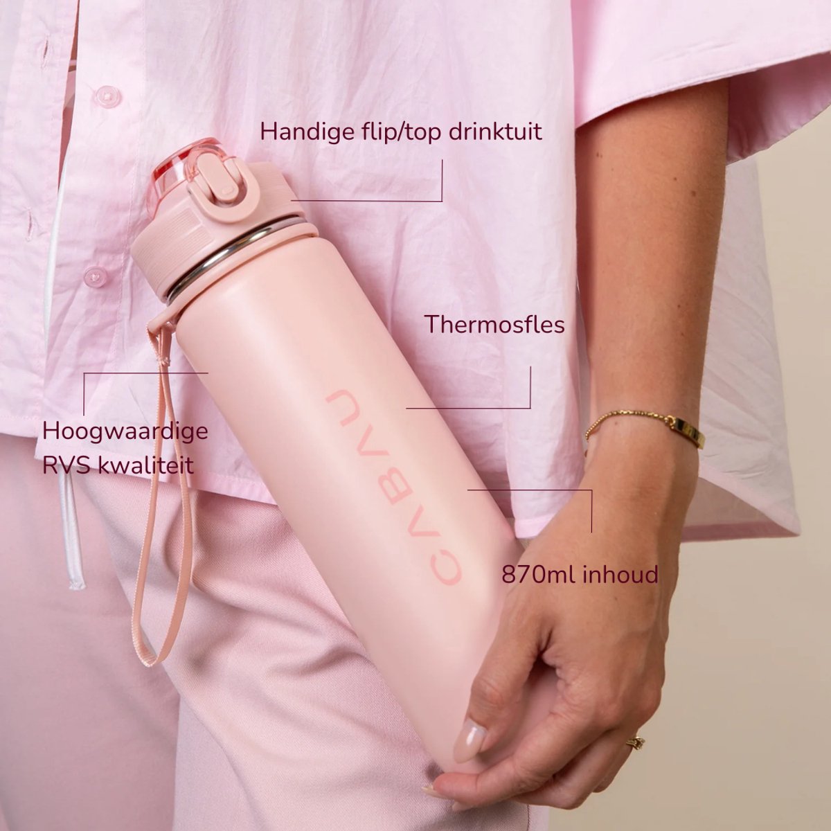 Cabau – Bloom Waterfles Staal – 870 ml – Pink – Roestvrijstalen Drinkfles met Rietje – BPA-vrij & Lekvrij – Thermosfles voor Sporten, Werk en Onderweg — cadeau in Sport & Outdoor - foto 2