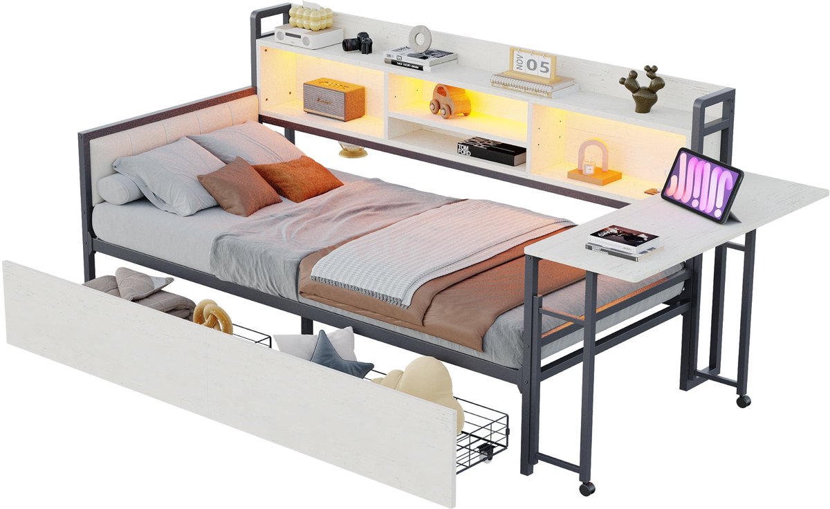 Merax Eenpersoonsbed 90x200cm - Bed met Bureau en Opbergruimte - LED Verlichting - Stopcontacten - Metalen Frame - Wit met Zwart