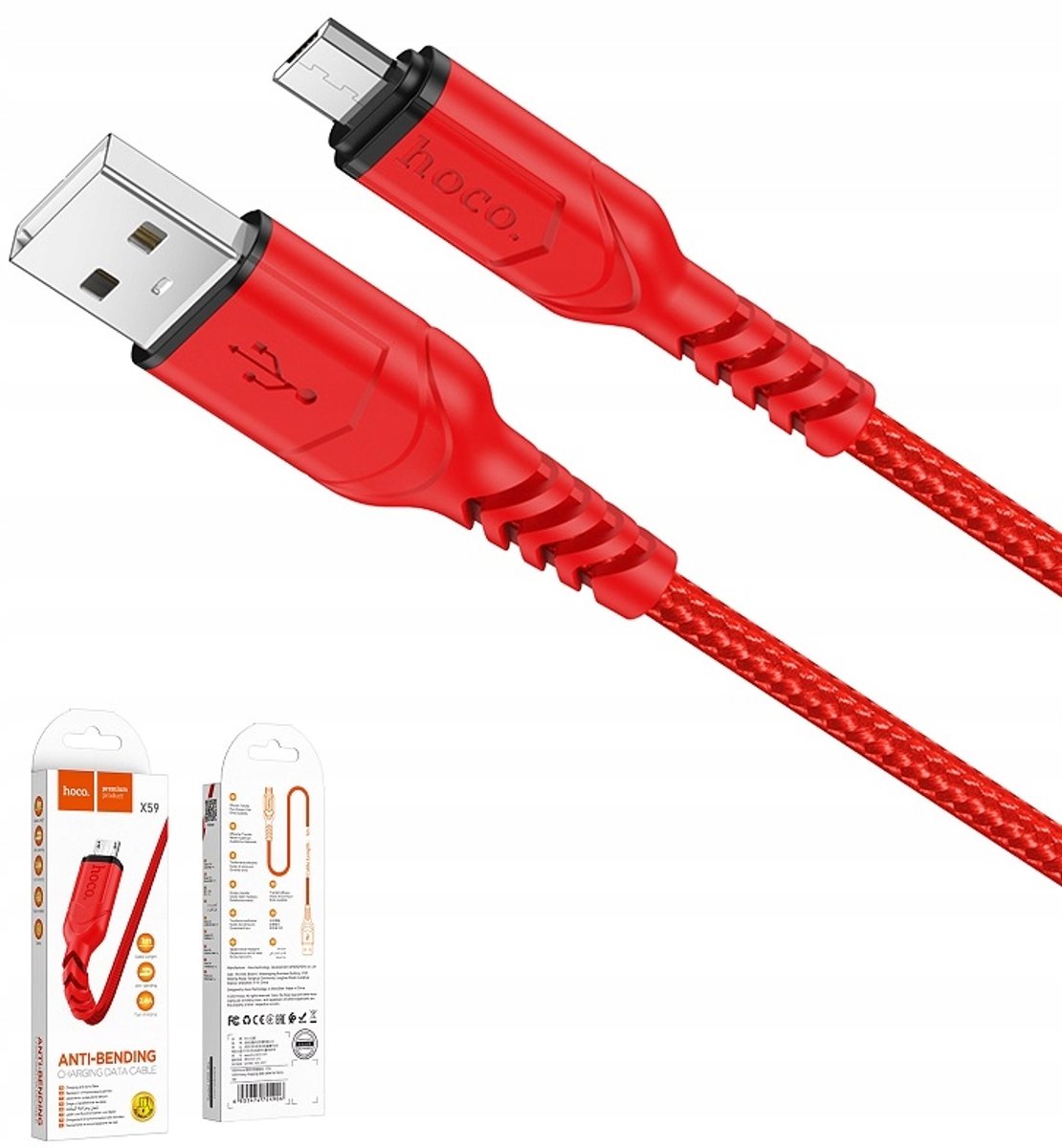 hoco X59 Micro USB Kabel 2.4A Snel Opladen 1M Nylon Rood